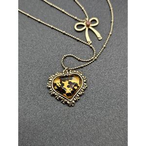 Betsey Johnson Lucite Cheetah Heart & Bow‎ Two Layer Necklace Pink Rhinestone